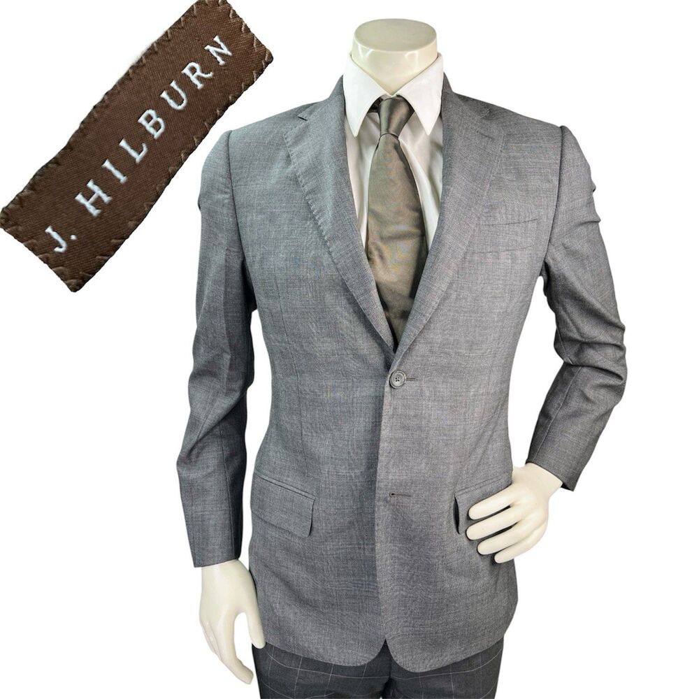 J Hilburn Vitale Barberis Men 36R Blazer European Fit Gray Wool Glen Plaid